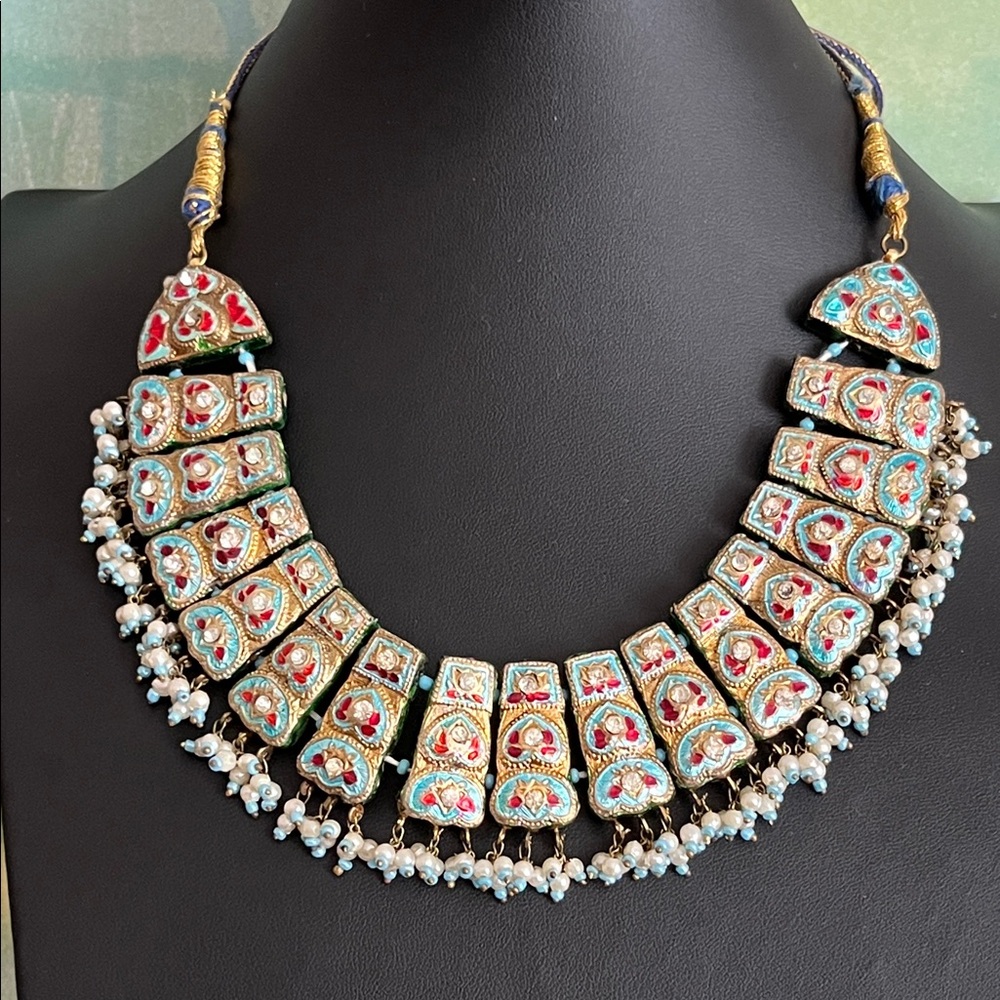 Beautiful Indian Meenakari lac artisan necklace enamel gold plating faux pearls